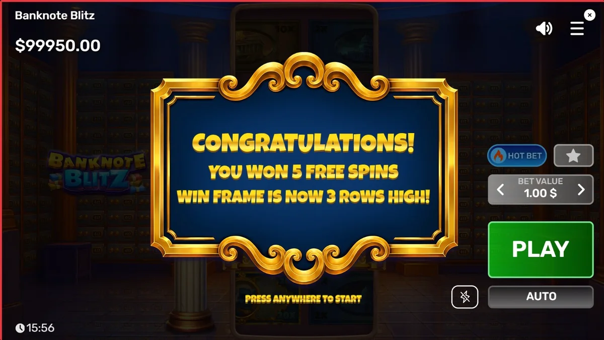 Interface do jogo de slot Banknote Blitz com tema de cofre de banco