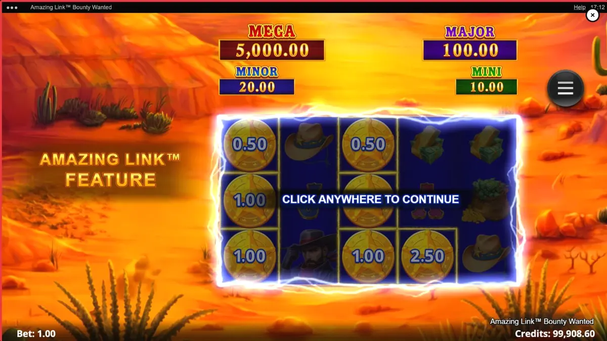 Cenário desértico e elementos de faroeste do slot Amazing Link Bounty Wanted