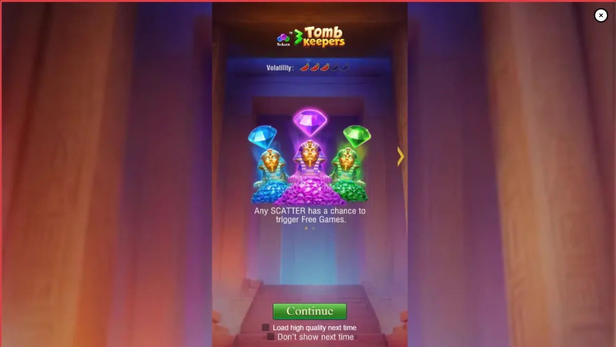 Interface do slot 3 Tomb Keepers com estátuas de faraós e símbolos egípcios